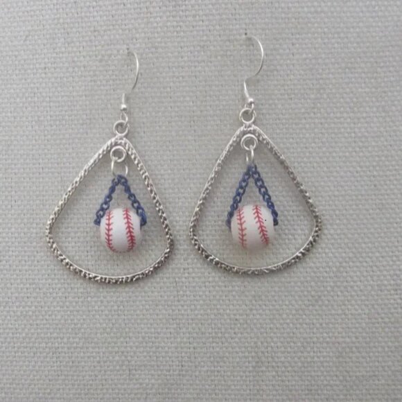 Choice Large Ceramic Baseball Teardrop Chain or Beaded Earrings Sterling Wires - Picture 3 of 5